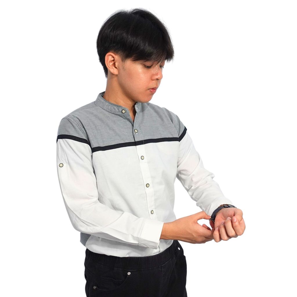 M231 Kemeja Pria Basic Combination Panjang Abu Putih 0837C Lebaran / Imlek