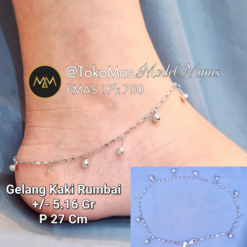 Gelang Kaki Kerincingan Emas Putih 750 kadar 17k