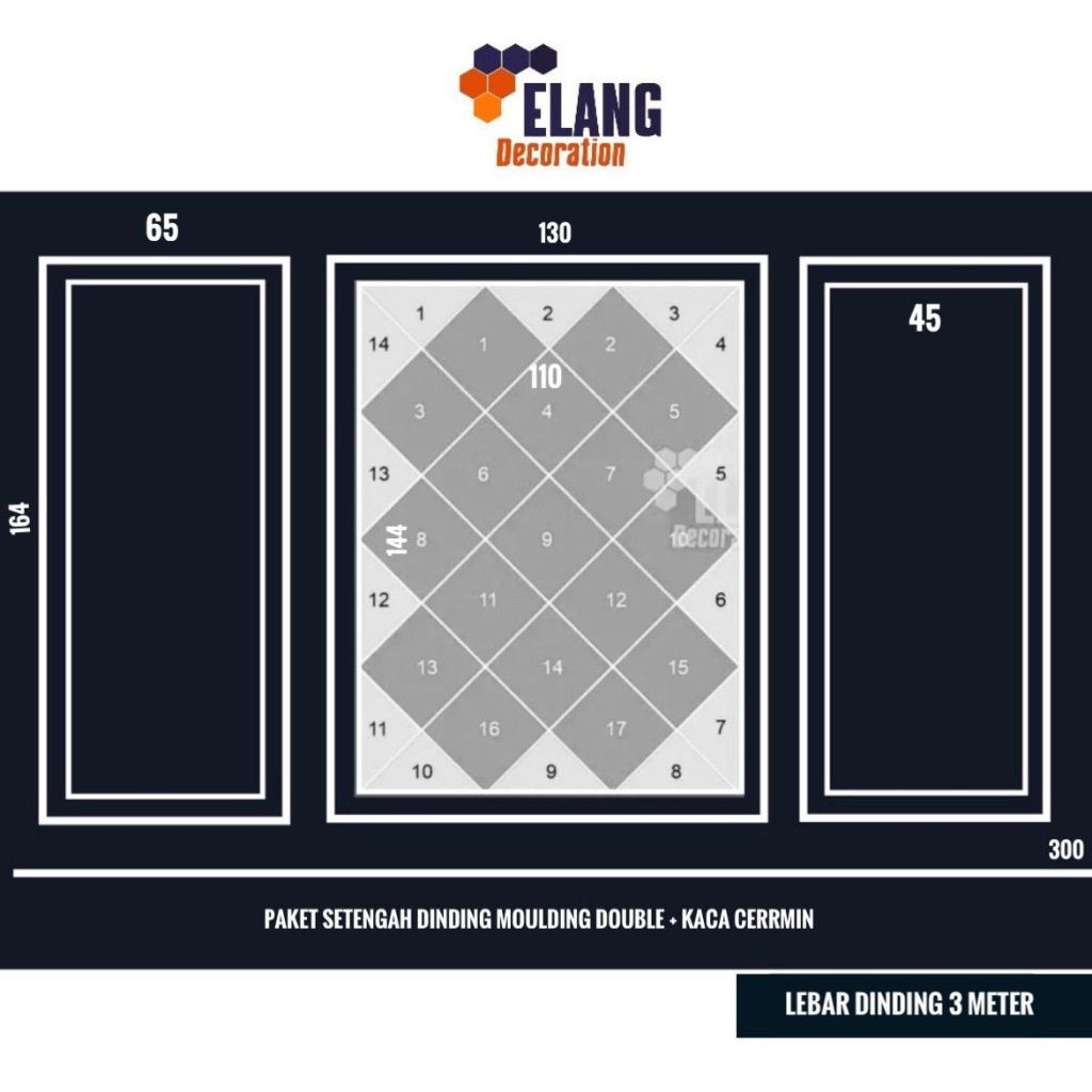 Paket Setengah Dinding Moulding Double + Kaca Cermin Lebar Dinding 3 Meter