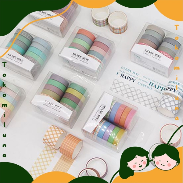 

1 set isi 10 pcs washi tape share mine motif warna warni pastel macaron deco DIY jurnal HB1586