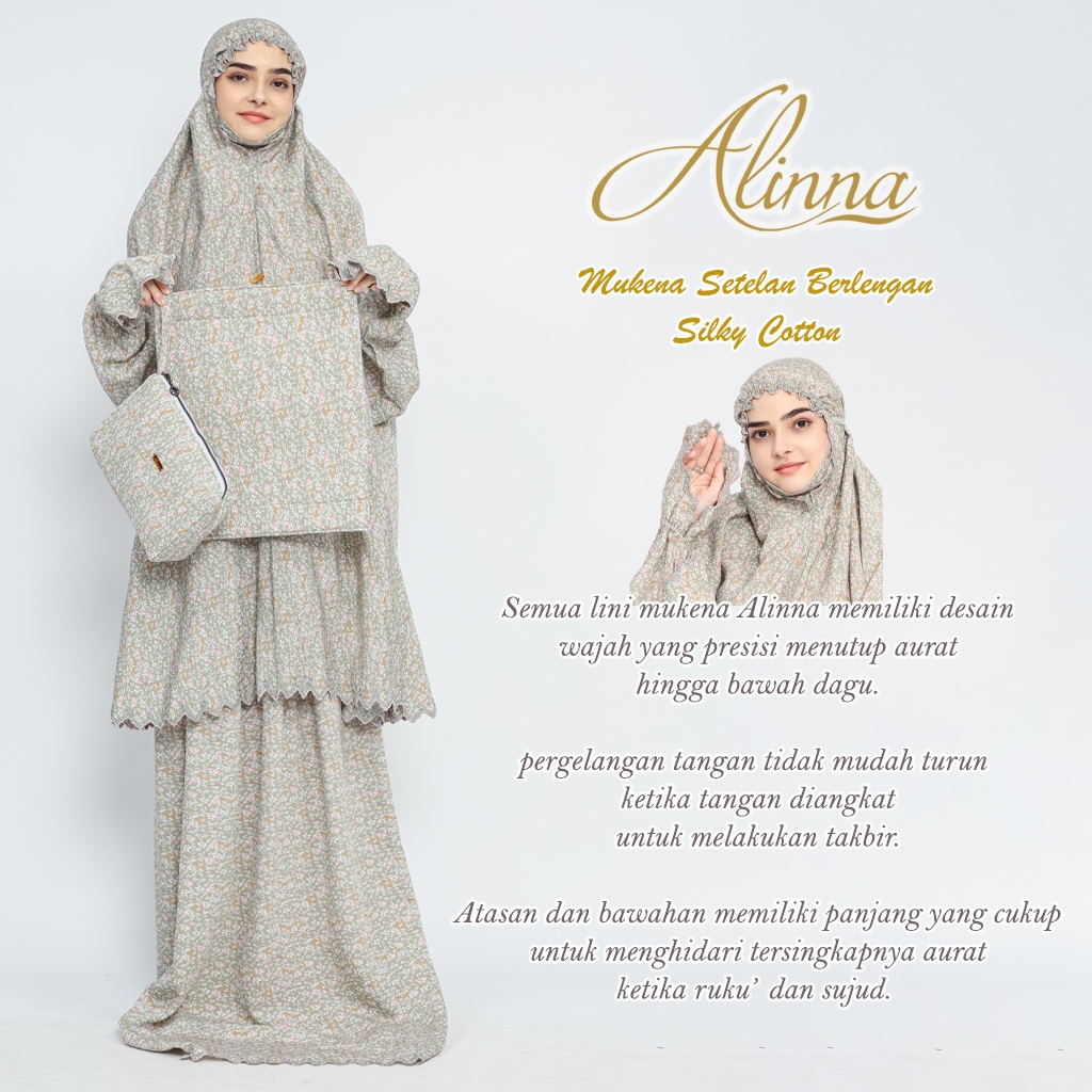 Mukena Alinna Setelan Potong Atas Bawah Berlengan Tangan Dagu Premium Silky Cotton 02