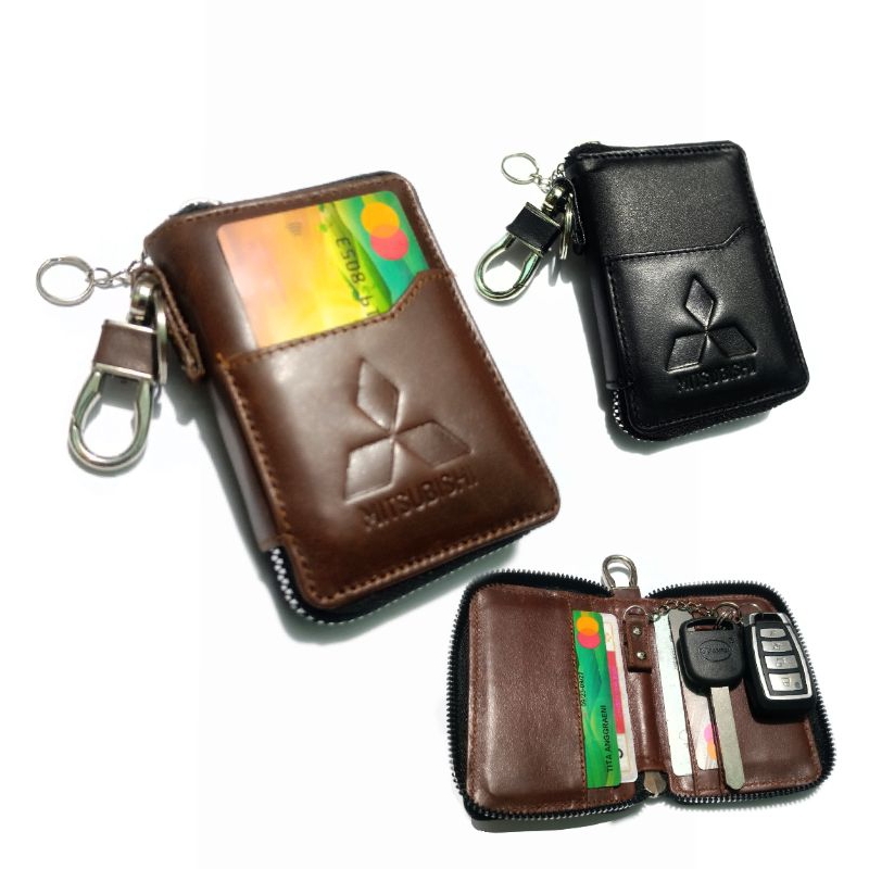 Gantungan kunci mobil mitsubishi kulit asli dompet stnk sim kredit card keyless