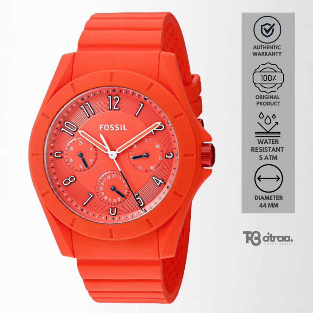 jam tangan fahion pria fossil poptastic analog strap rubber sillicone orange chronograph multifuncti