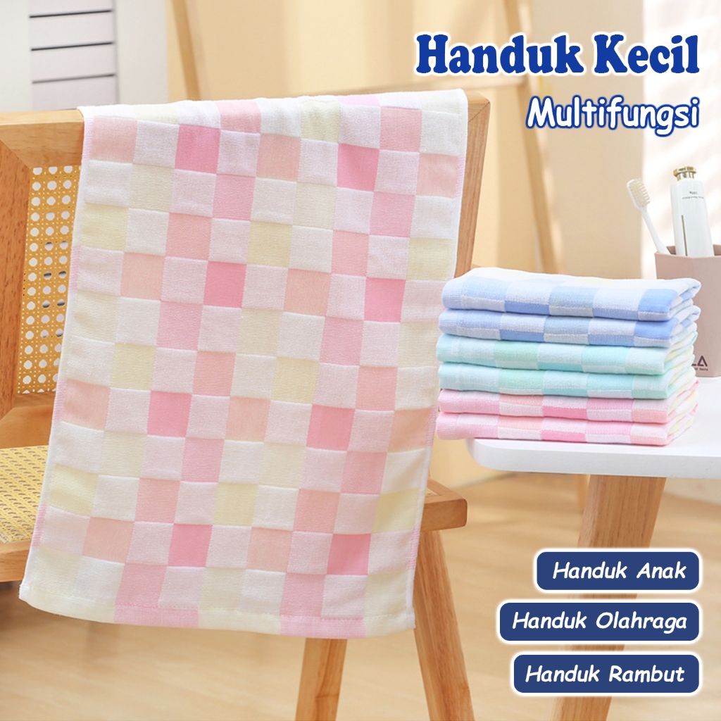 Handuk Muka Kecil Lembut Tebal Cotton Flanel Size 50x100cm Motif Kotak-Kotak Menyerap Air Perlengkap