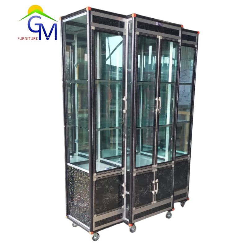 Lemari Hias Kristal Kaca 4 Pintu Roda