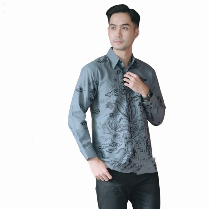 KEMEJA BATIK SOLO PREMIUM abu SLIMFIT FULL FURING