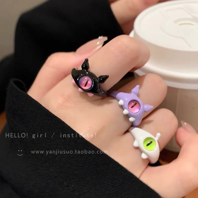 COD❤️Cincin Korea Funny Monster Hitam Ring Big Eye Sweet Cool Kartun Lucu Aesthetic Warna-warni Cincin Couple  Untuk Anak Perempuan- cl