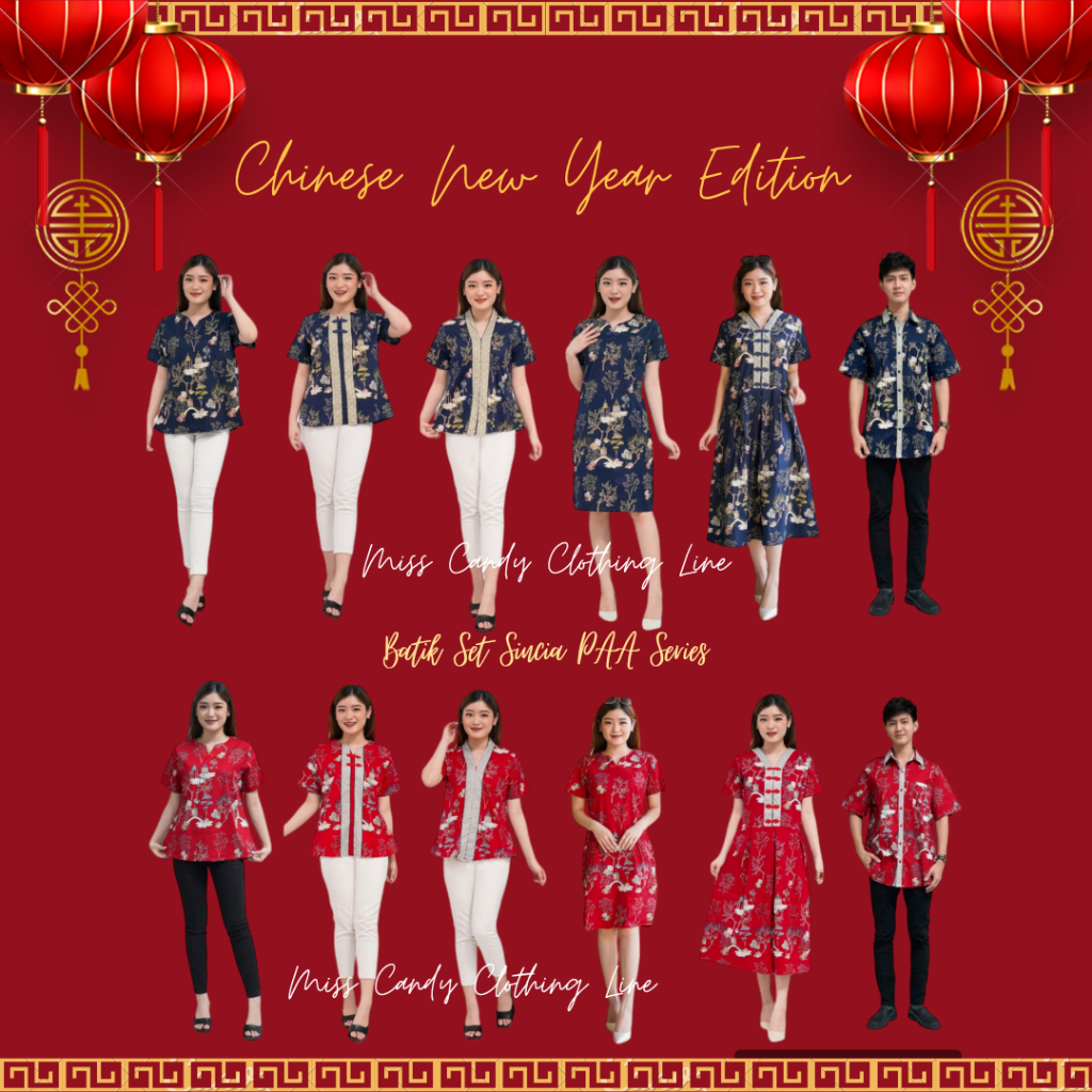 Seragam Couple Batik Set Kemeja Atasan Dress Cheongsam Batik Imlek Sincia Merah Navy PAA Series