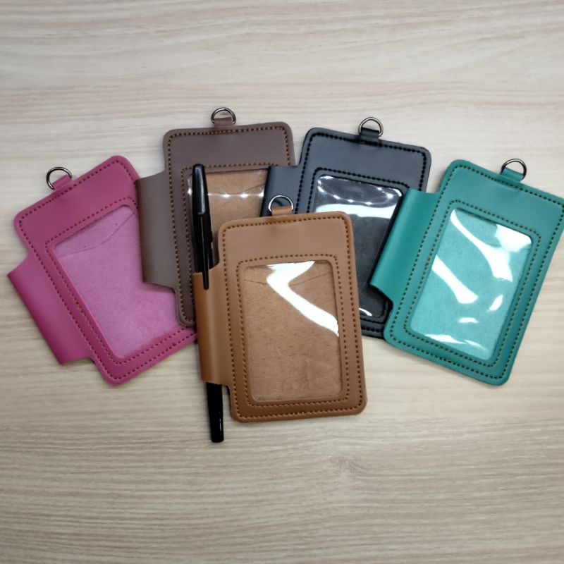 

ID CARD Holder kulit 2 slot dengan tempat bulpoint lanyart kulit tempat pulpen