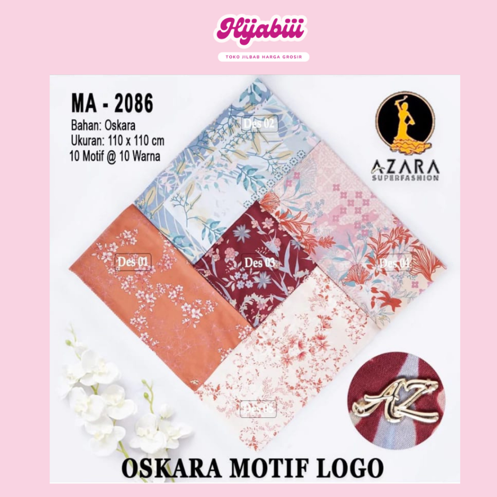 (Grosir 5 pcs) Jilbab Segi Empat Azara Oskara Motif Metal Logo || Hijabiii Grosir