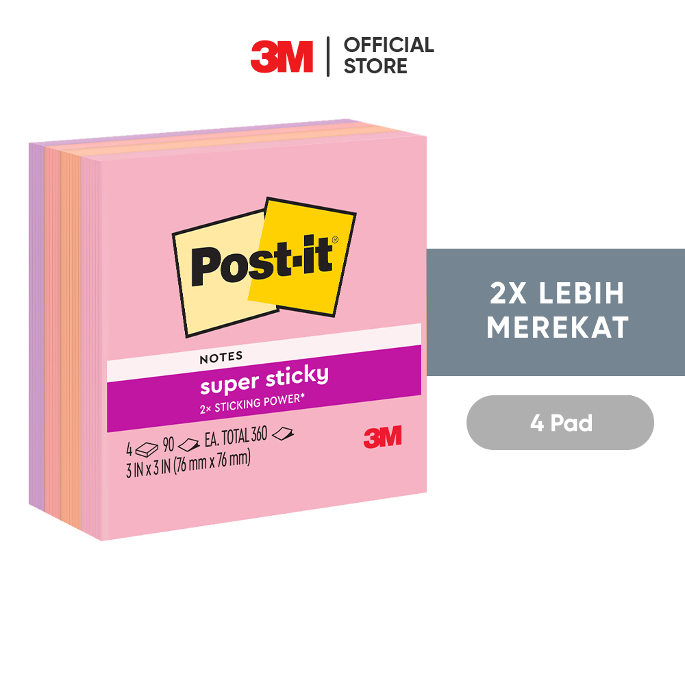 

3M™ Post-it® Super Sticky Notes Flamingo, 654-SS FLA, 2x Lebih merekat, 4 pad, 76x76 mm, Untuk berbagai permukan kertas