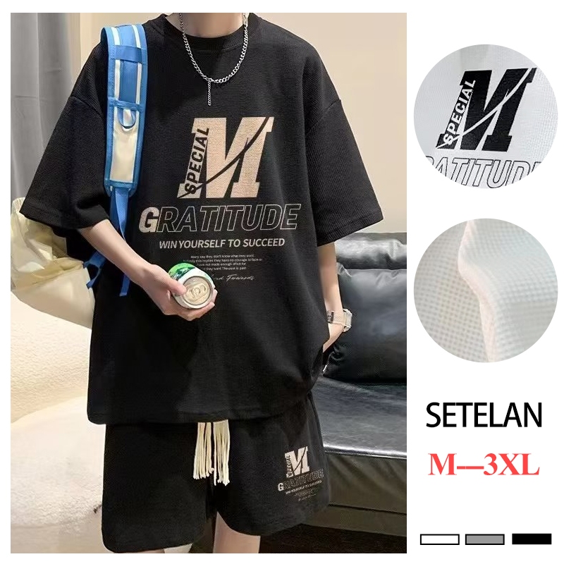 setelan olahraga pria baju dan celana.kaos Leher Bulat+celana pendek loose kasual sport setelan pria