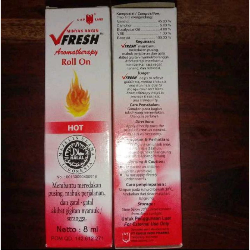 V-Fresh Minyak Angin Aromatherapy Original 8Ml, V-Fresh Minyak Angin Aromatherapy Hot 8Ml