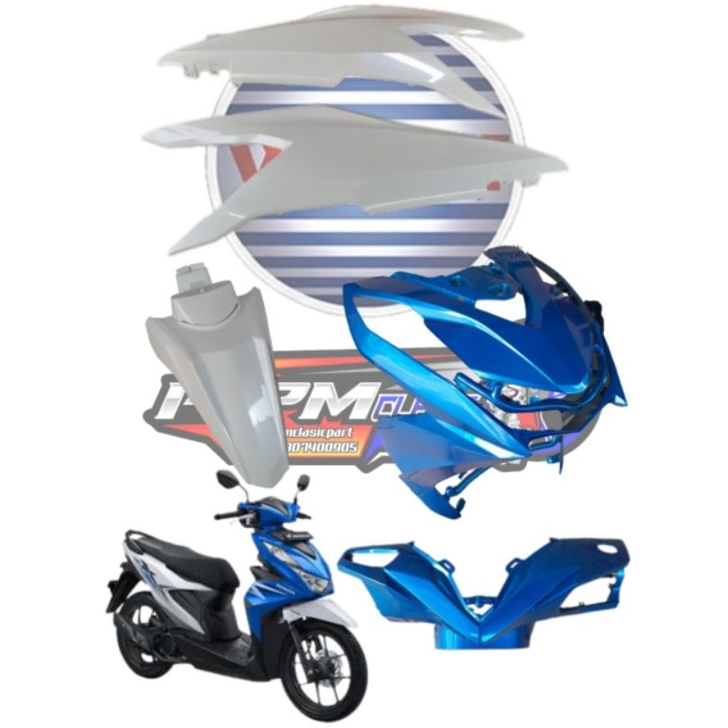 cover body beat new beat deluxe biru putih body halus fullset beat new biru putih box motor beat new