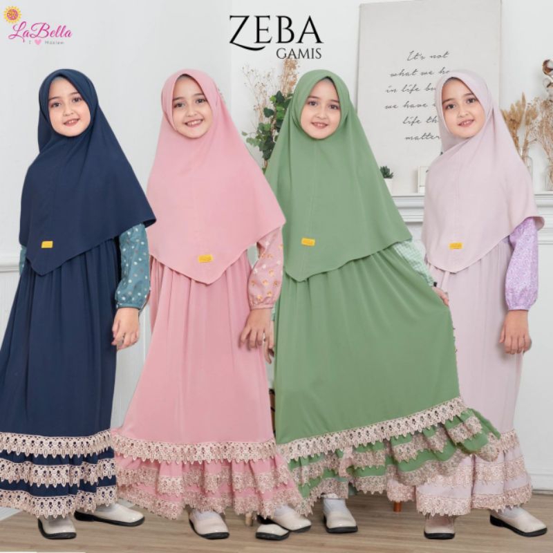 GAMIS ANAK MEWAH CANTIK ORIGINAL ZEBA BY LABELLA HIJAU PINK NAVY SOFT PURPLE 5-12 TAHUN MOTIF KOMBIN