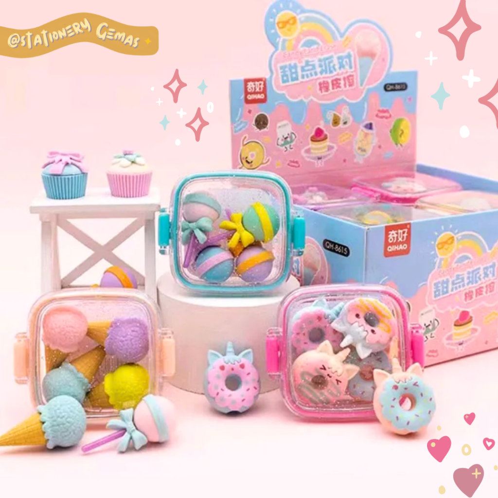 

[GEMAS] Penghapus Dessert Cake Cute Aesthetic 4Pcs/Set Warna Warni Eraser Box