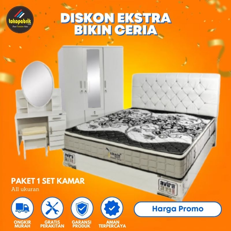 Paket Satu Set Kamar Furnitur Lemari Pakaian Meja Rias Springbed Divan Kasur Busa Set Kamar Aestheti