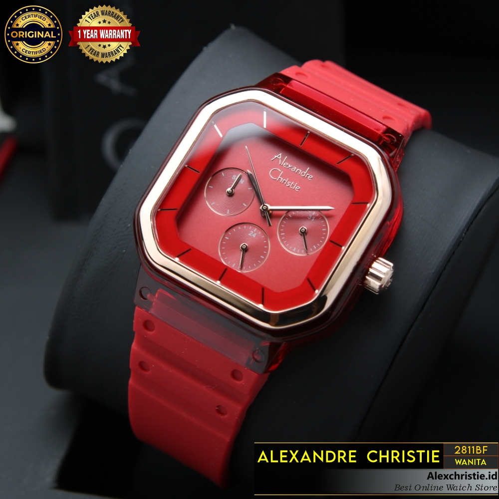 Jam Tangan Wanita Alexandre Christie AC 2811 BF Red Dial Rosegold Rubber Original