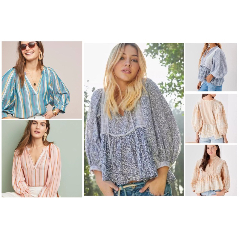 Ready Baju Branded SALE‼️ Stripe Shirt Oversize Balloon Flowy Print Top Babydoll Blouse American Eag