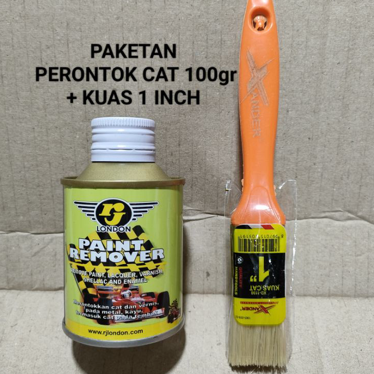 

Ready Paketan Paint Remover RJ 100gr + Kuas Xander 1" inch Cairan Perontok Cat Pernis / Serlak / Enamel Kayu Logam Tembok - Paint Remover RJ LONDON 100 Gr