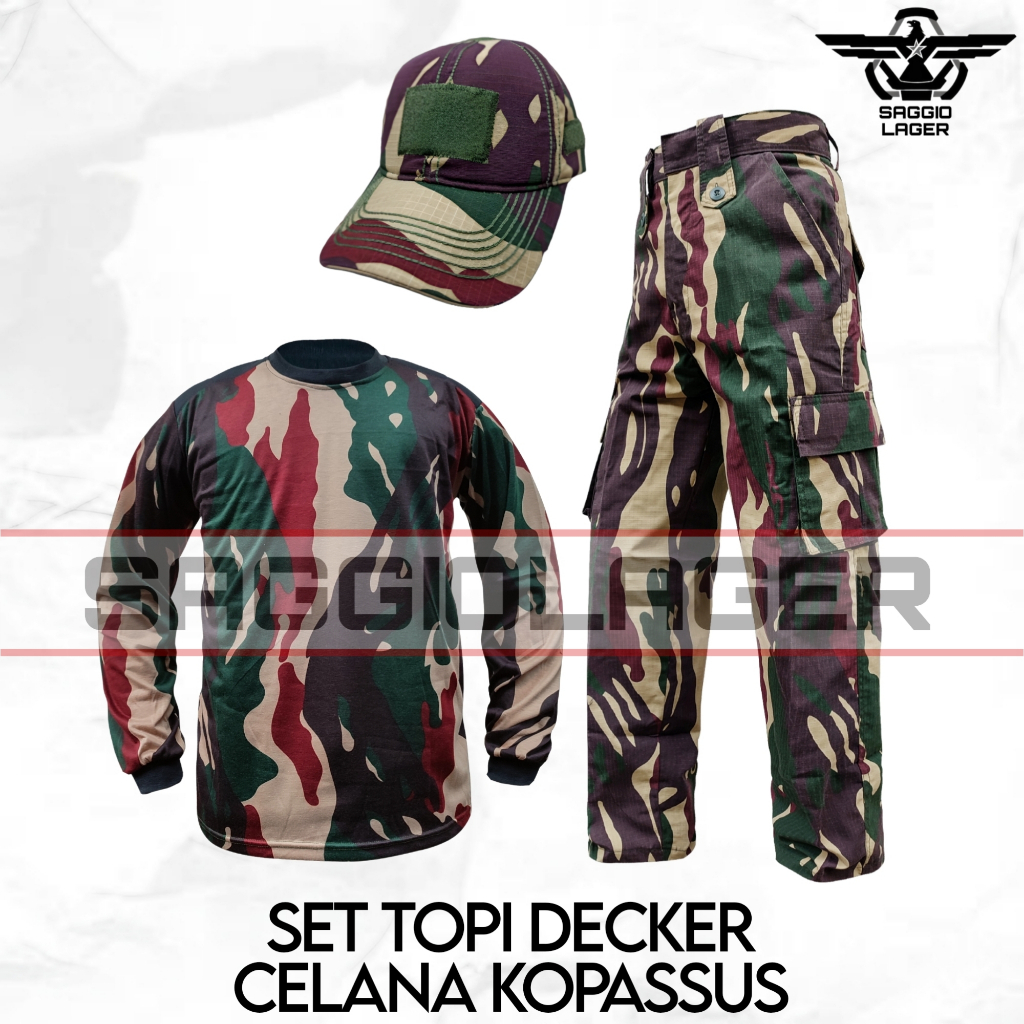 SATU SET SETELAN BAJU KAOS DECKER TOPI CELANA PDL PANJANG CARGO LORENG TNI KOPASSUS