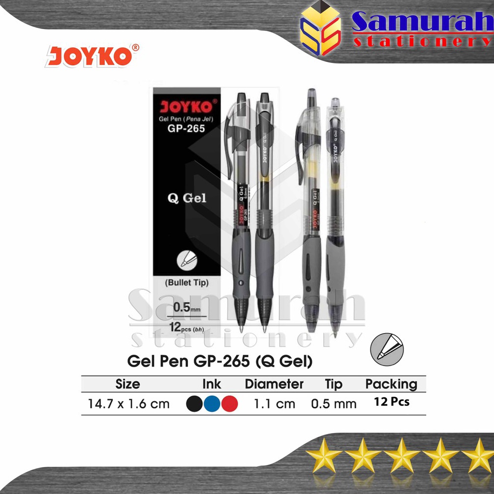 

Stock Banyak.. Gel Pen Joyko Q Gel GP 265 / GelPen QGel GP-265 0.5 mm / Pulpen JK GP265 Hitam Biru Merah Cetek RJR