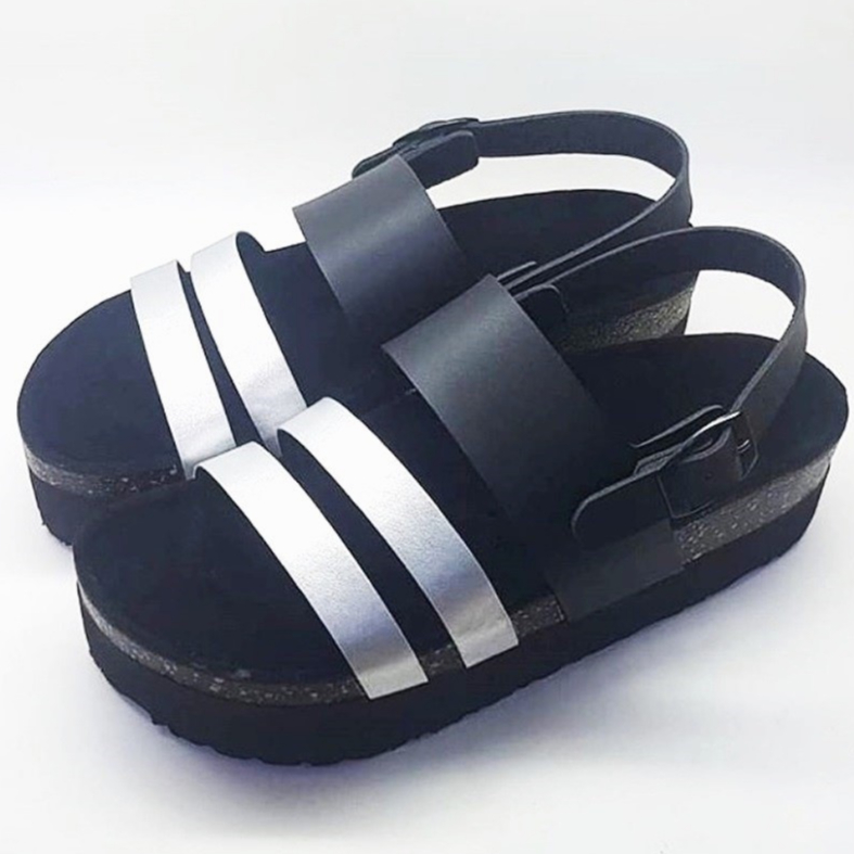 SANDAL SOL TAPAK TEBAL 3 CM BLACK SILVER STRAP WANITA CEWEK JUMBO BIG SIZE