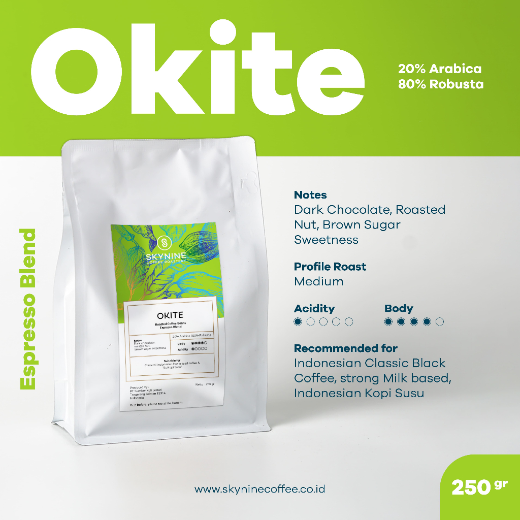 

BIJI KOPI ESPRESSO OKITE BLEND 20% ARABIKA 80% ROBUSTA 250 GR
