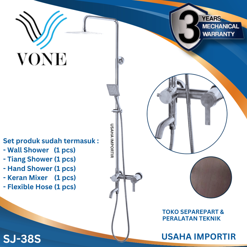 VONE SHOWER SLIDING BAR VONE SJ-38SS STAINLESS WITH TAPS = SHOWER TIANG SET ORIGINAL @UsahaImportir