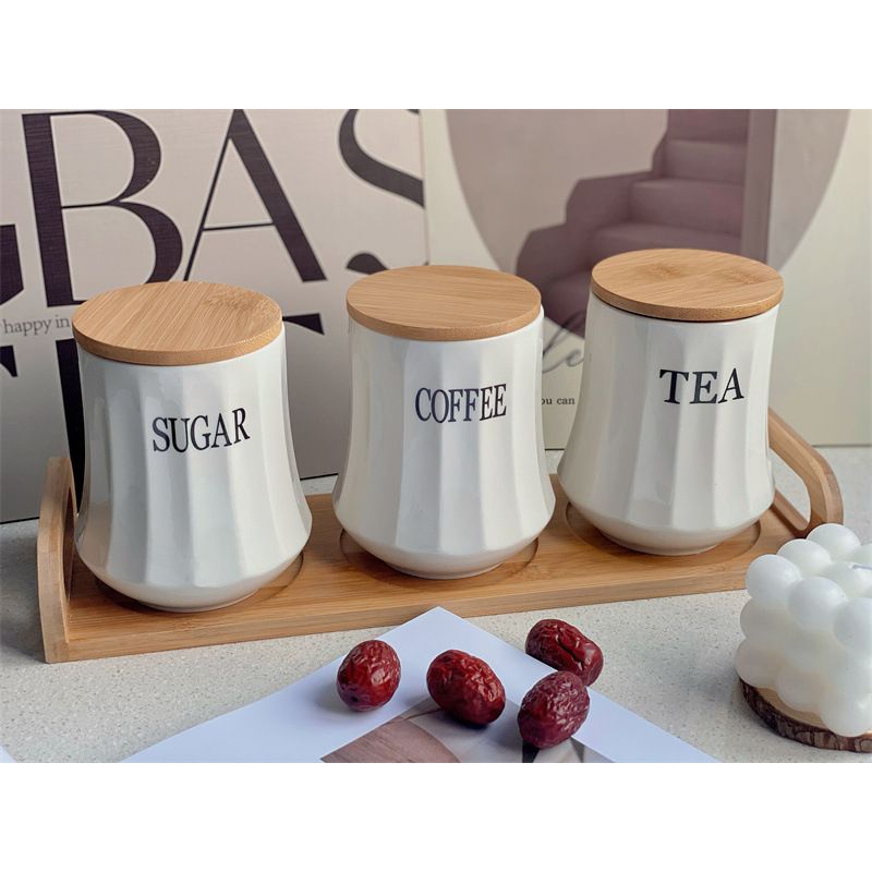 Piyugardening Set Teh Kopi Gula Keramik Set Toples Keramik Tatakan Kayu Aesthetic Toples Gula Kopi