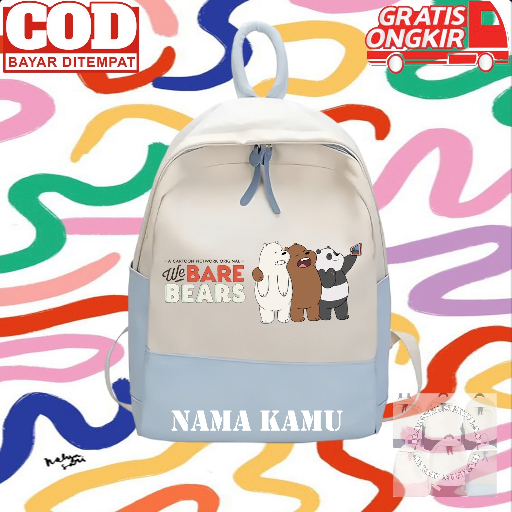 (GRATIS NAMA) Tas Ransel Sekolah Anak Motif Animasi We Bare Bears Grizzly Panda dan Ice Bear Lucu Te