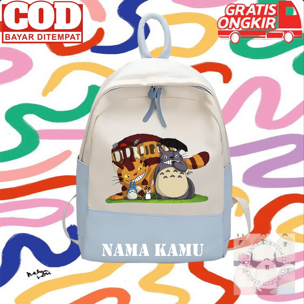 (GRATIS NAMA) Tas Ransel Sekolah Anak Motif Animasi Totoro & Catbus Terbaru Termurah - Tas Backpack 