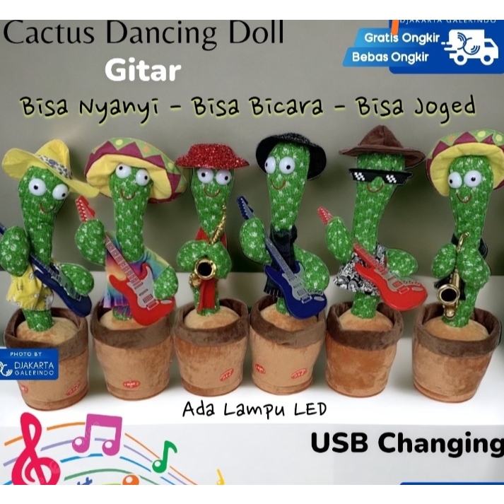 Premium Boneka Kaktus Gitar Dengan Led Bisa Joged,Rekam Suara Dan Music