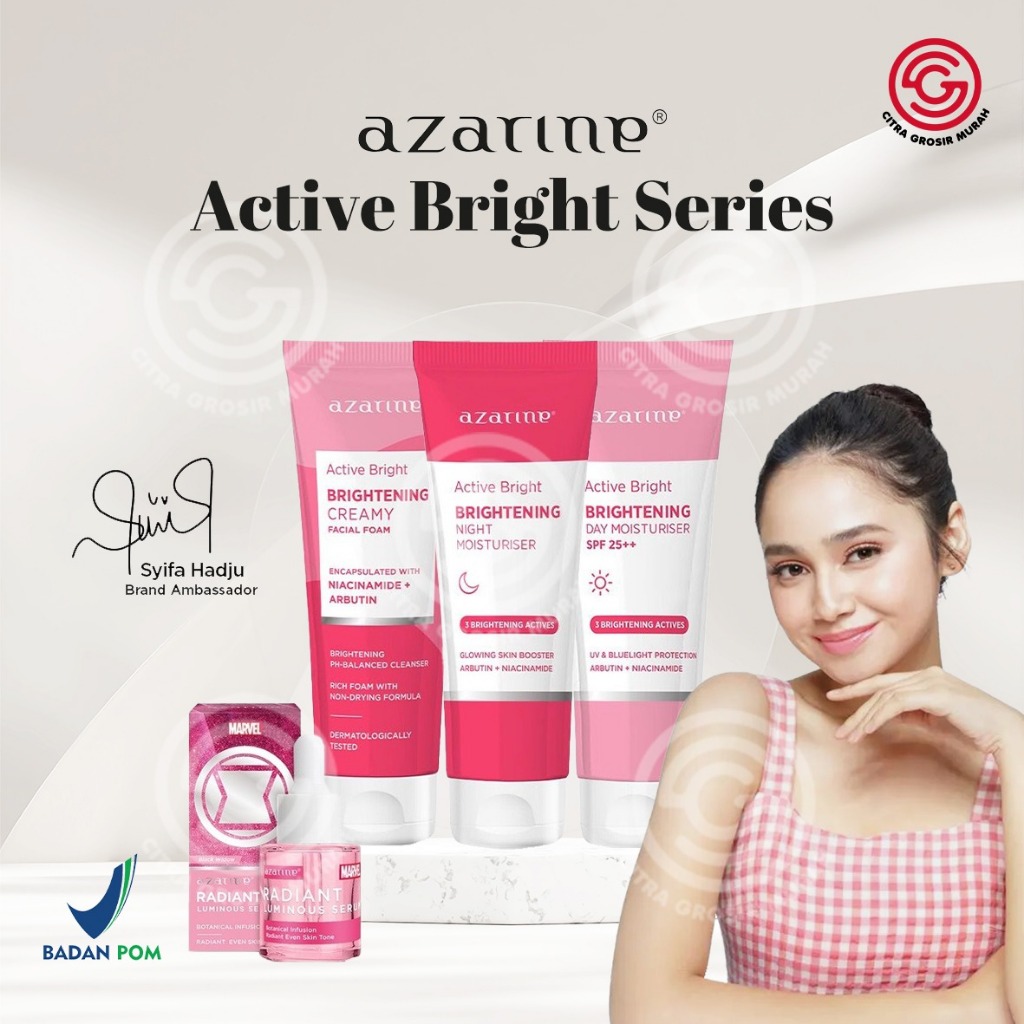 AZARINE Active Bright Series || Brightening Day &amp; Night Moisturiser 20gr || Creamy Facial Foam 50gr || Radiant Luminous Serum