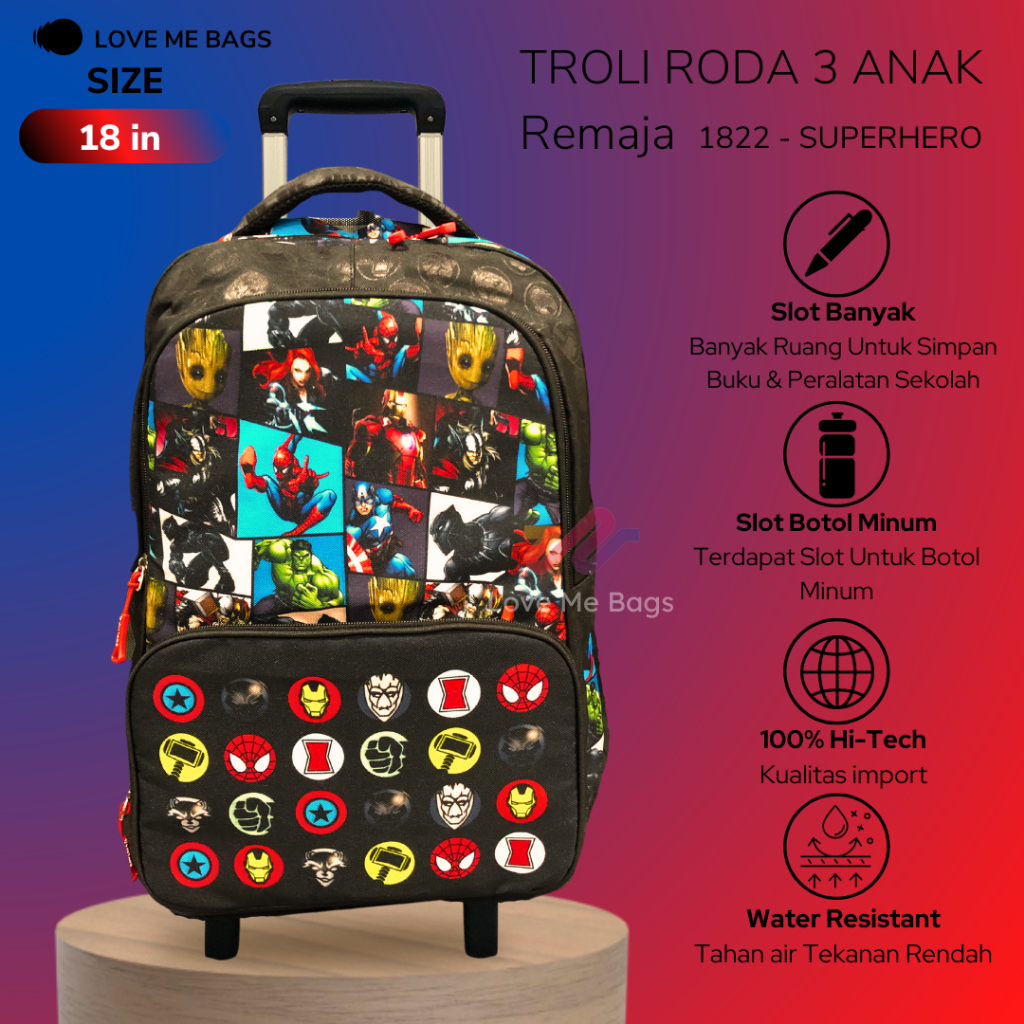 LMB Tas Troli Roda 3 Anak Sekolah Remaja Import Premium Superhero BT21 Bahan Kanvas Tebal Ukuran Bes