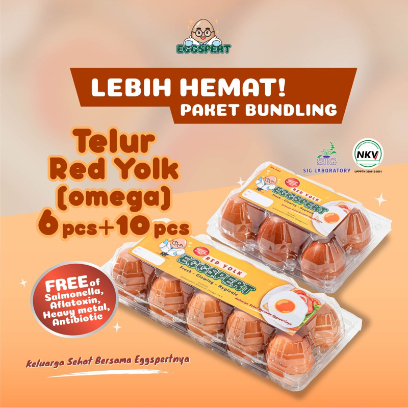 

Eggspert Telur Ayam Red Yolk (Omega) Paket Bundling Isi 6pcs + 10pcs