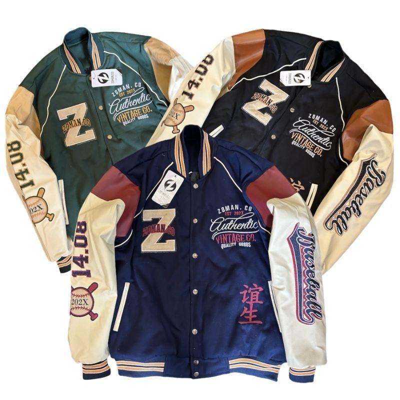 Varsity Bomber Fleece Kombinasi Lengan Kulit | Jaket Vintage Full Bordir