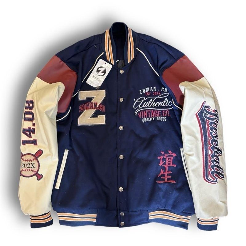 Varsity Bomber Fleece Kombinasi Lengan Kulit | Jaket Vintage Full Bordir