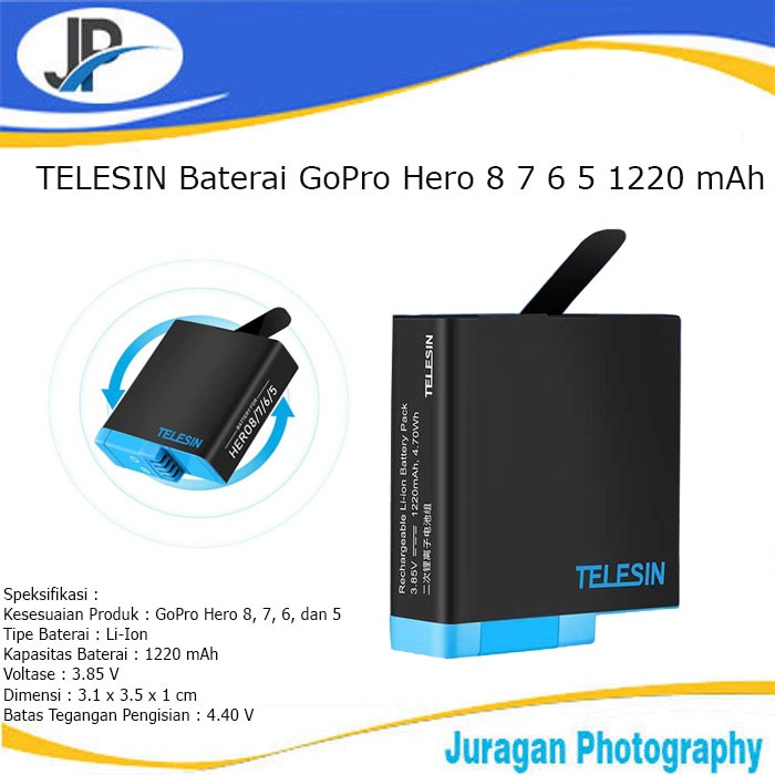 TELESIN Baterai GoPro Hero 8 7 6 5 1220 mAh / Battery GoPro Hero 8/7/6/5 kamera Actioncam