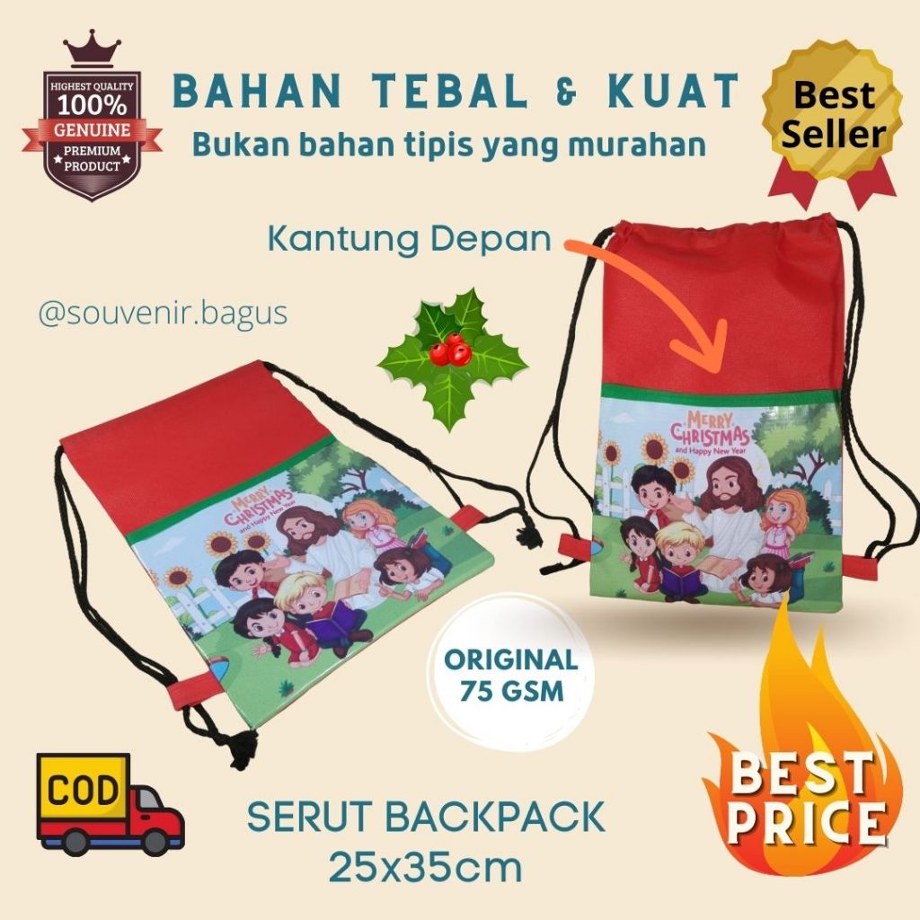 

Tas natal anak Serut Backpack christmas Xmas kantung depan sekolah minggu serut ransel natal