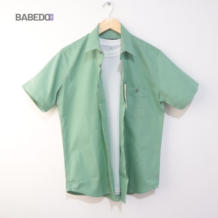 BABEDO Kemeja Basic SageGreen Pria Lengan Pendek Casual Slimfit Size Jumbo Ready | Kemeja Polos Sage