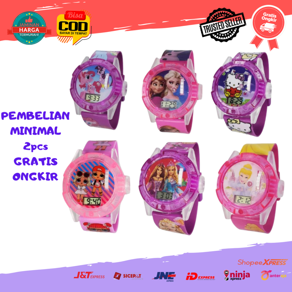 [COD] Jam Tangan Anak Laser Karakter Kartun Princess Mickey Mouse Hello Kitty Pokemon Cinderella Cew