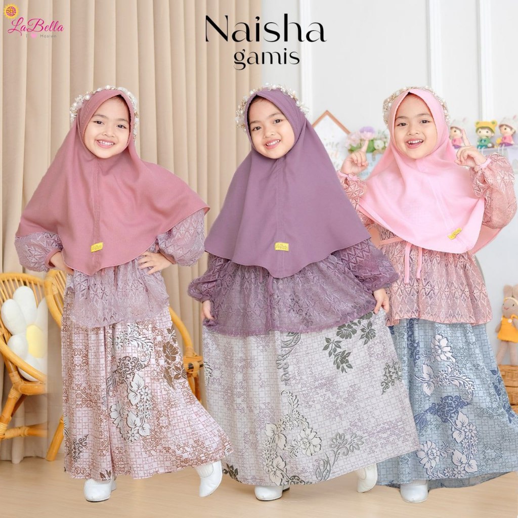 (5-10 tahun) NSH Baju Muslim Setelan Gamis Anak Labella Naisha Rayon Brukat I Gaun Dress Pesta Motif