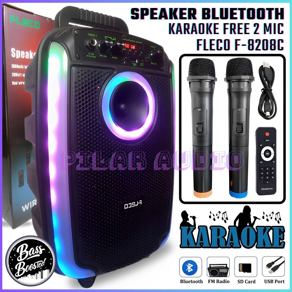 SPEAKER BLUETOOTH FLECO F-8208C 8'5 INCH FREE 2 MIC WIRELESS + REMOTE - SPEAKER KARAOKE FULL BASS - 
