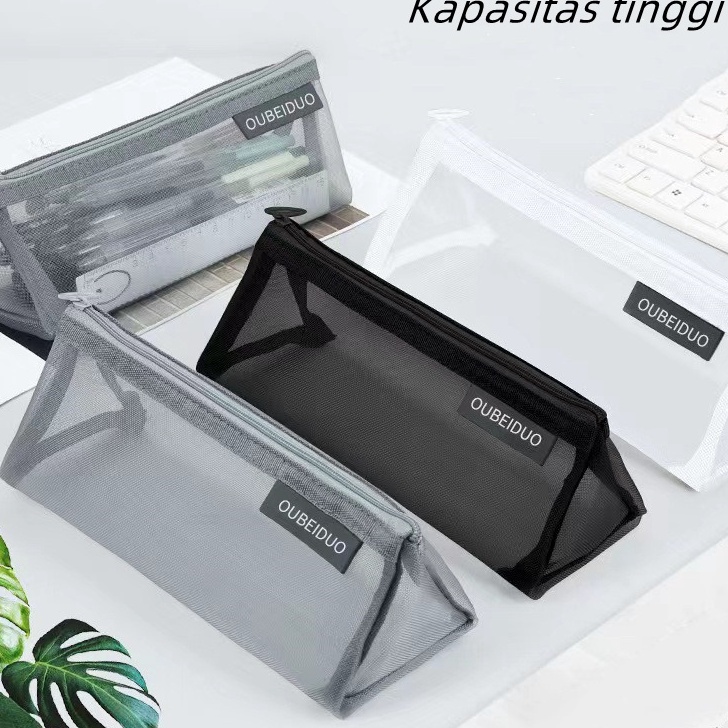 

Bestseller mesh pencil case/Tempat pensil jala berkapasitas besar transparan sederhana / tas alat tulis segitiga tiga dimensi
