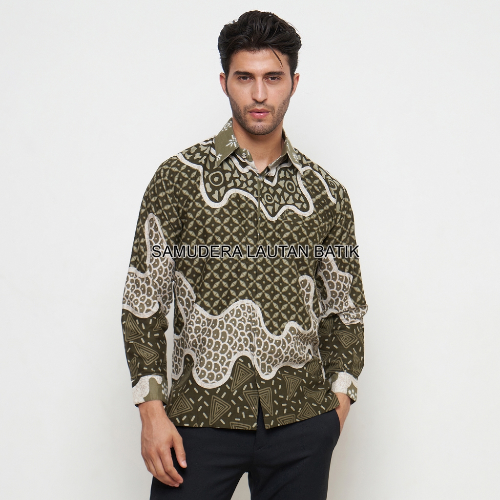 Kemeja Batik Couple Ayah Anak Warna Hijau Army,Batik Couple Keluarga,Batik warna Hijau Sage Cream,Ba