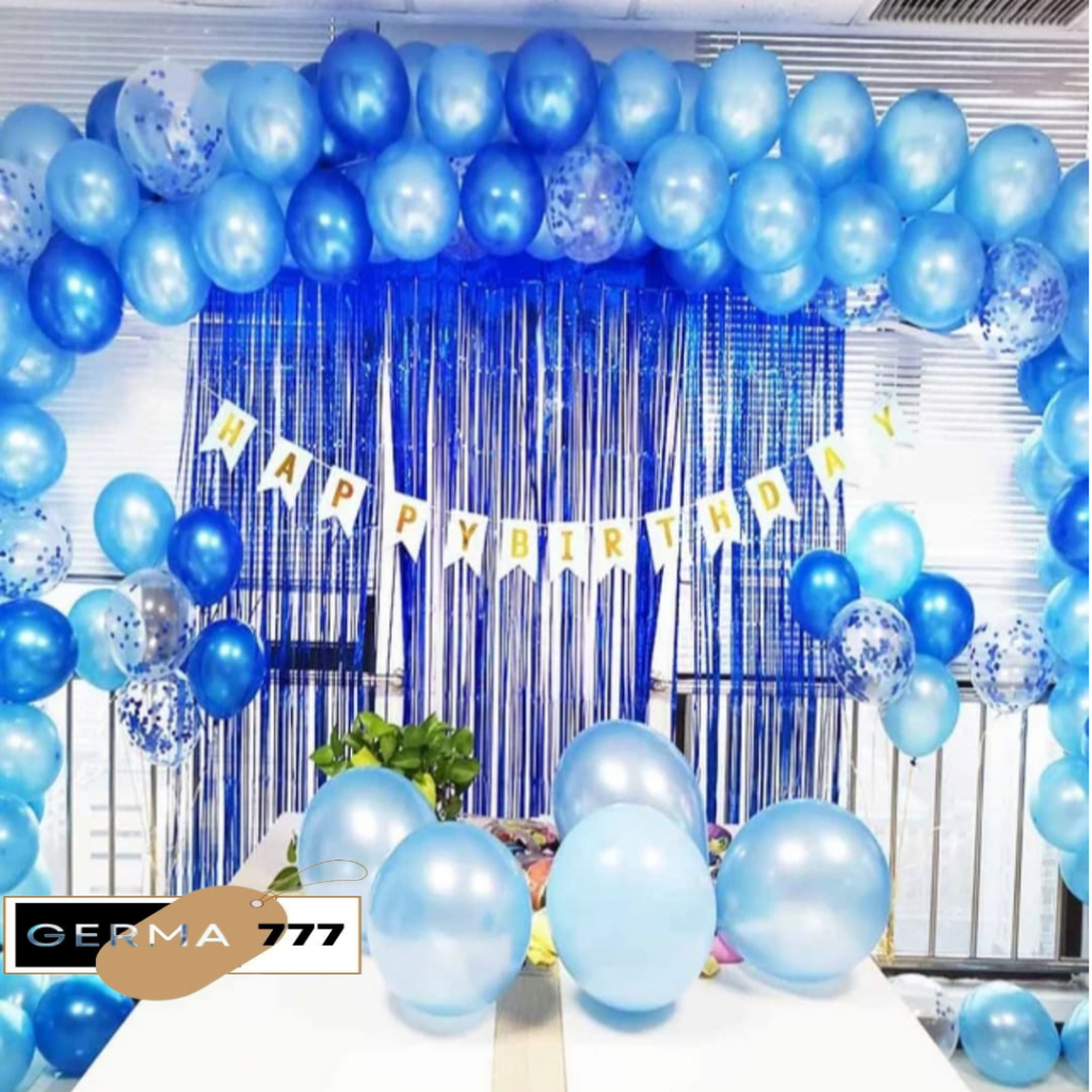 Set Dekorasi Balon Ulang Tahun Anak Banner Putih Dan Tirai Biru Tua Simple