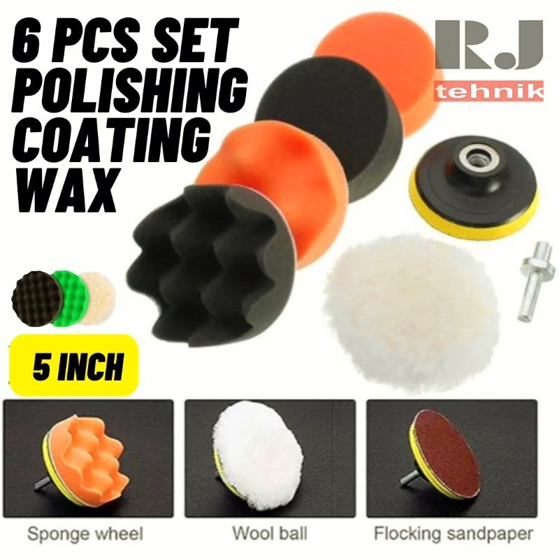 6pcs Set Alat Poles Polishing Wool Busa Poles Velcro Pad Coating Detailing Wax Mobil Motor 5 inch