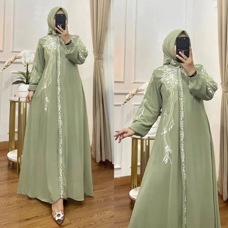 Ceruty Bunga Dress Gamis Muslim Wanita Ceruty Babydoll Full Puring Aplikasi Bordir