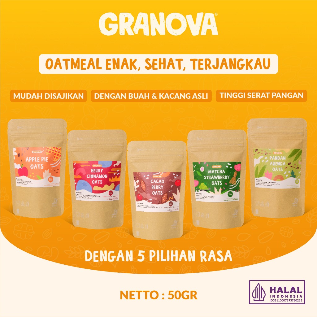 

Granova - Oat Siap Seduh / Instant Oatmeal 50gr (Cacao Berry, Pandan Arenga, Berry Cinnamon, Apple Cinnamon, Matcha Strawberry)